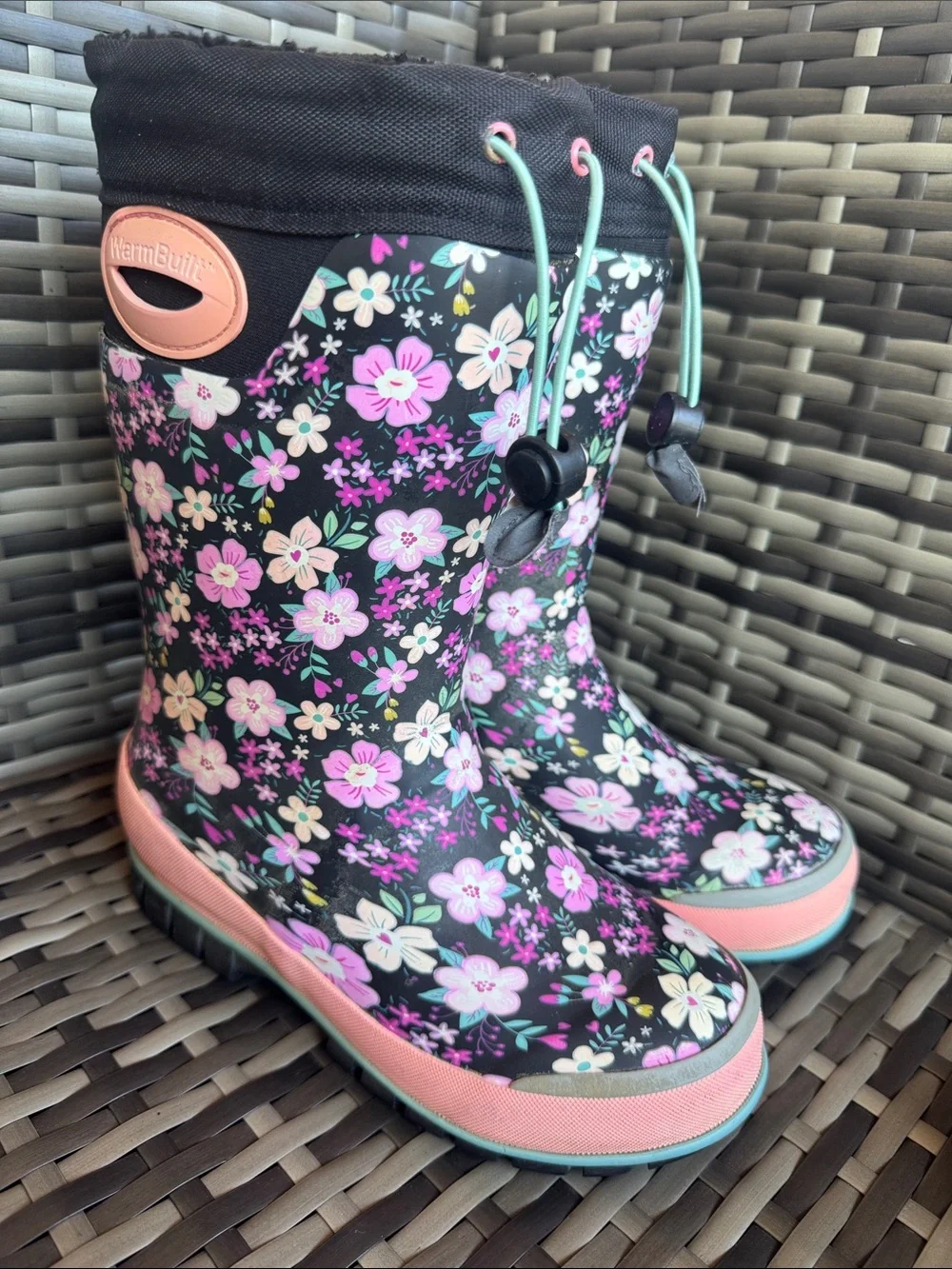 Western Chief Black & Pink Floral Winter Boots for Girls sz 13/1 Snow Rain Cold